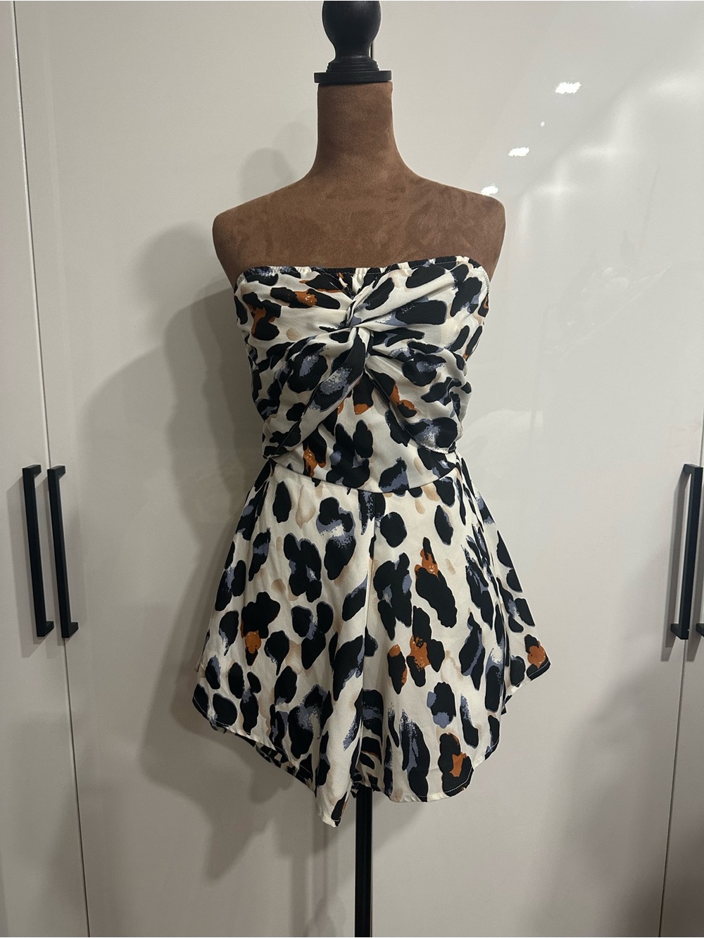 Strapless Animal-Print Romper in Ivory, Black & Brown